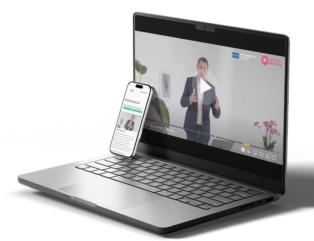 Plateforme e-learning IIFS Plus+ — vidéos d'experts sur ordinateur portable et application mobile